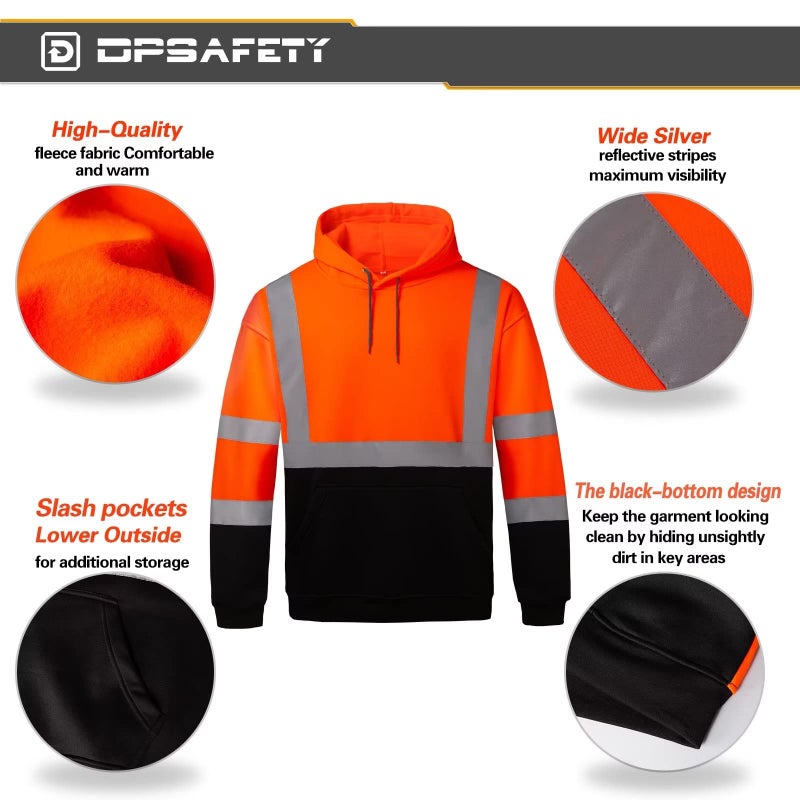 DPSAFETY High Visibility Hoodie For Men, Safety Class 3 Hi Vis Hoodie,Construction Work Sweatshirt,Reflective Hooded Sweatshirt, With Extra large Pocket Orange(2XL) - Image 2